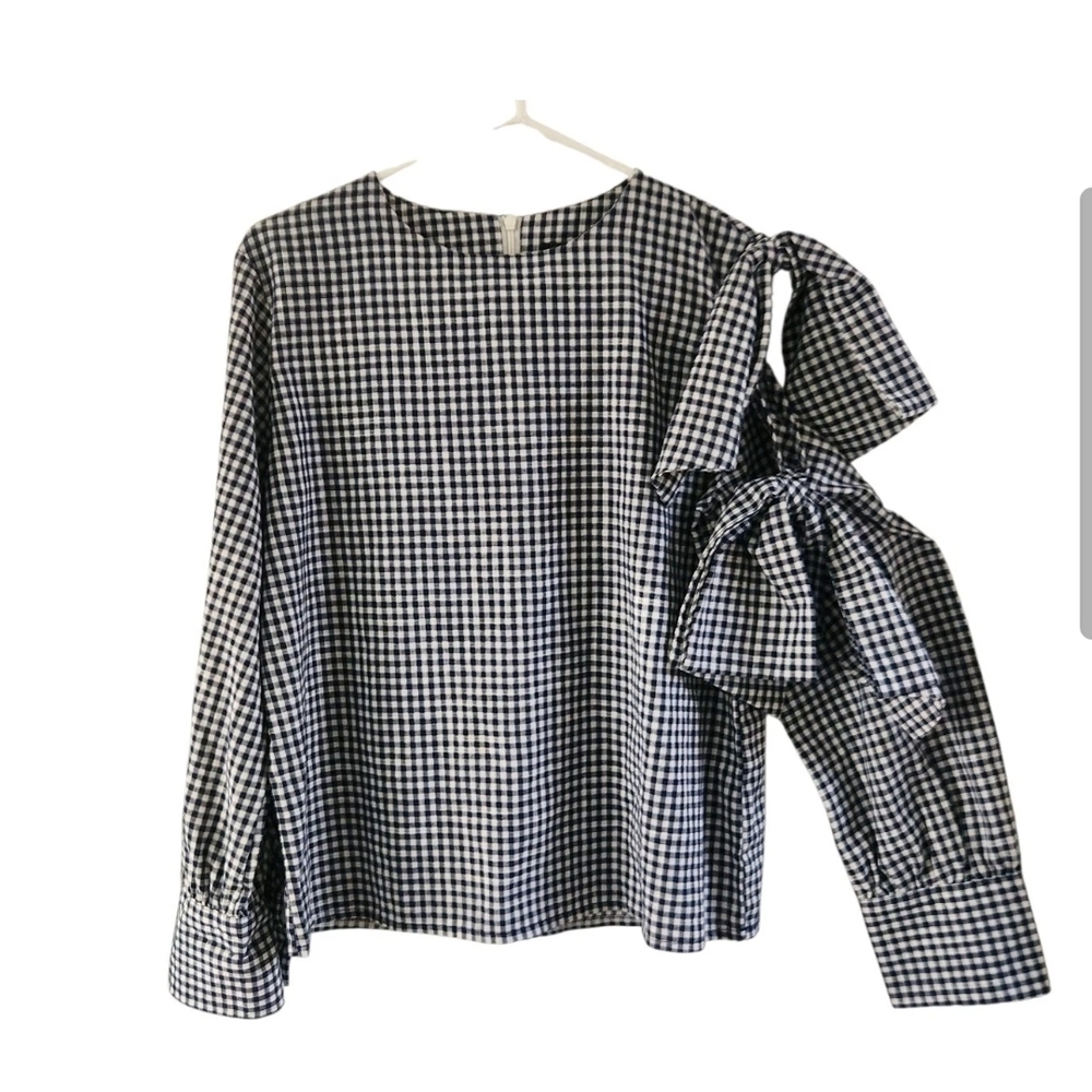 Storets Blue White Gingham Checkered Tie Bow Sleeve Open Shoulder Womens Small